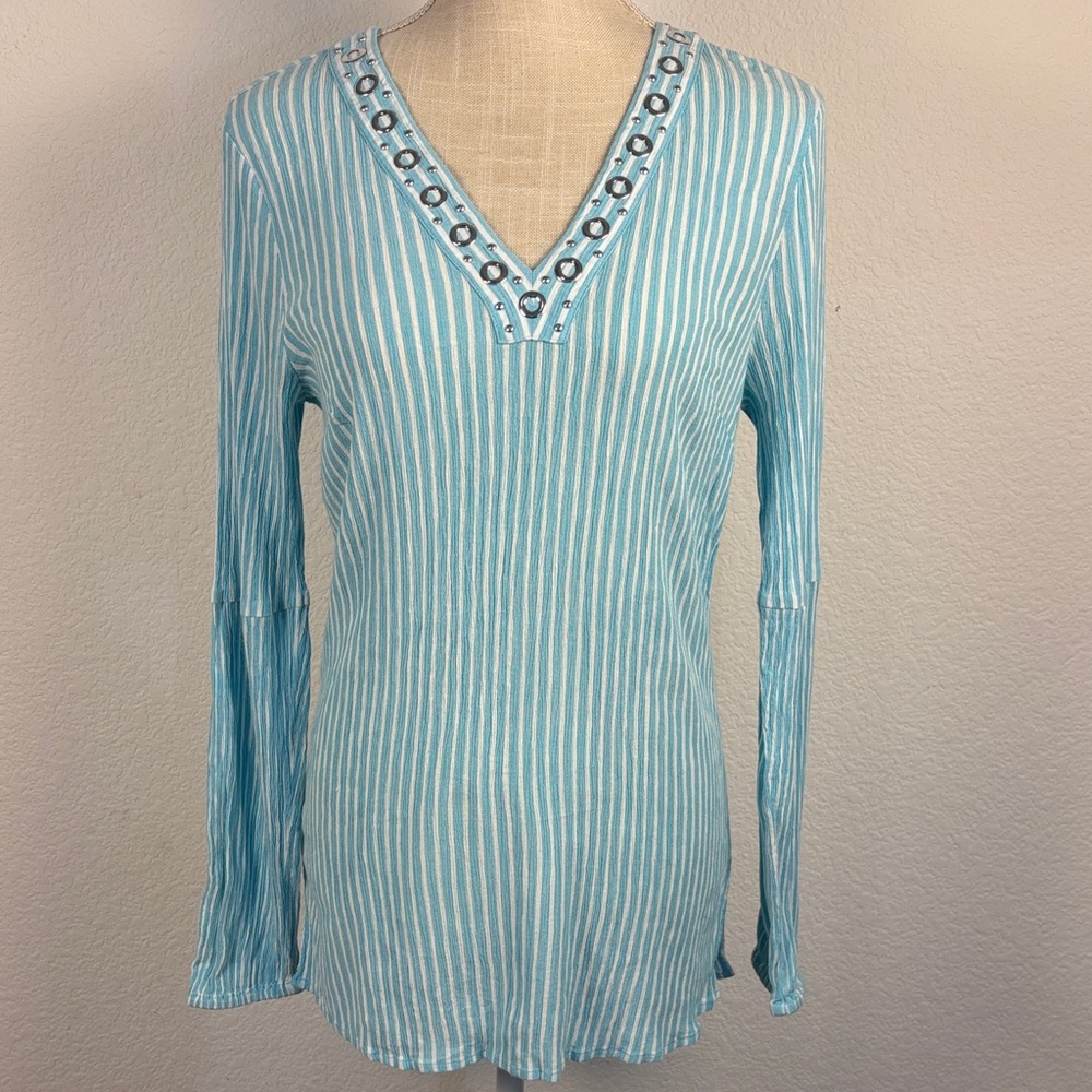 Michael Kors Light Blue Striped Long Sleeve Tunic Top Size Medium